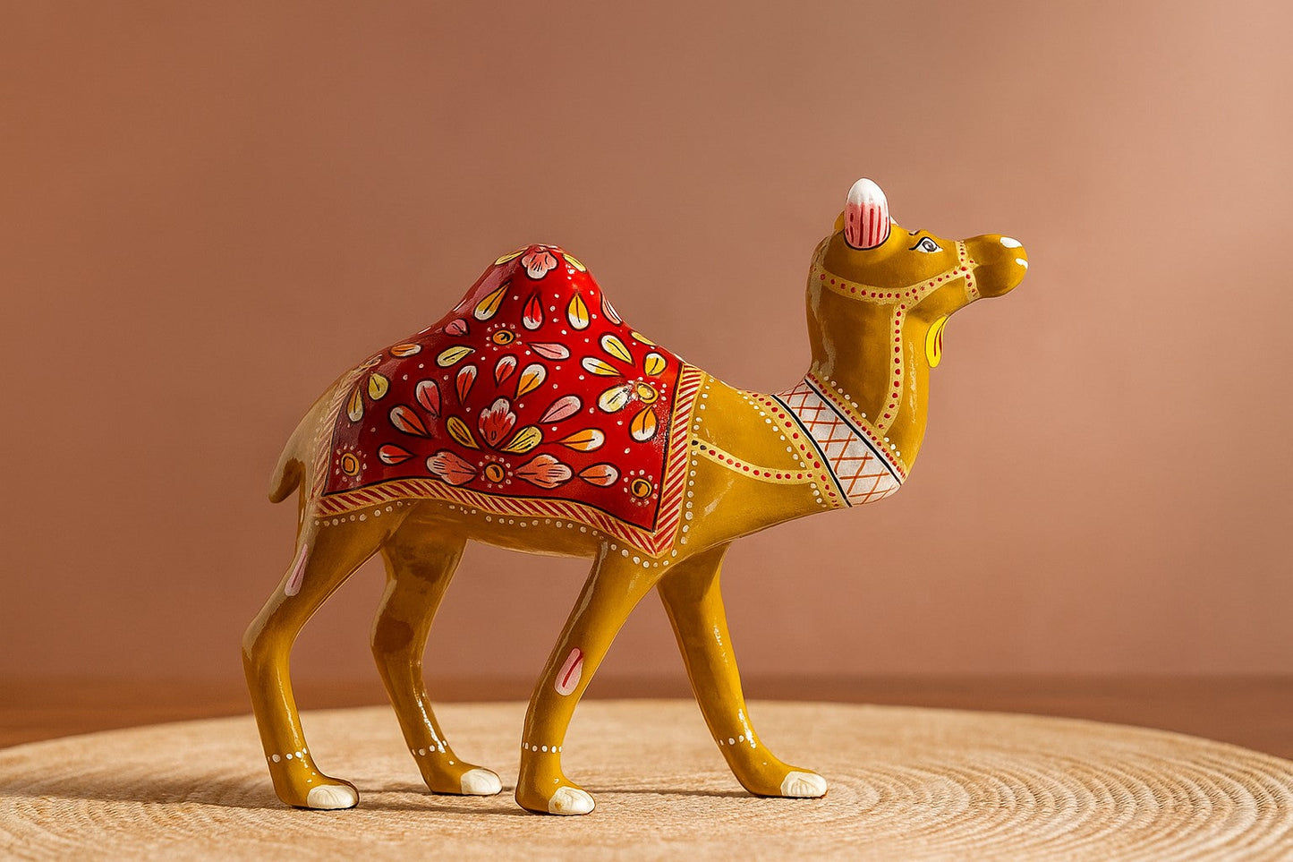 Handpainted Brass Camel Figurine with Red Floral Saddle - Traditional Indian Folk Art Decor - Decorative Sculpture for Home Living Room