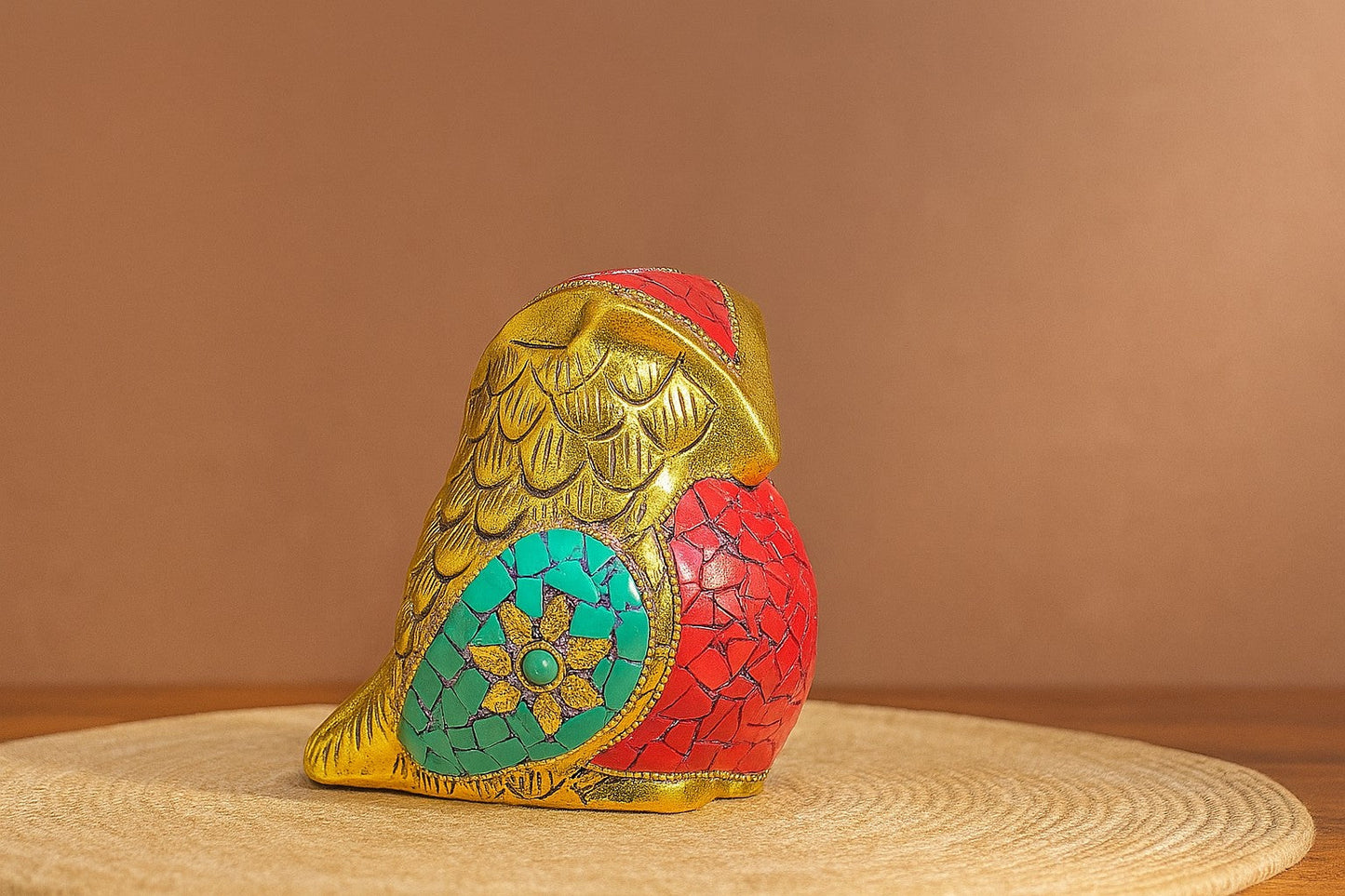 Handcrafted Metal Owl Figurine with Mosaic Stone Art - Decorative Brass Owl Statue for Home Decor - Wisdom Symbol Gift