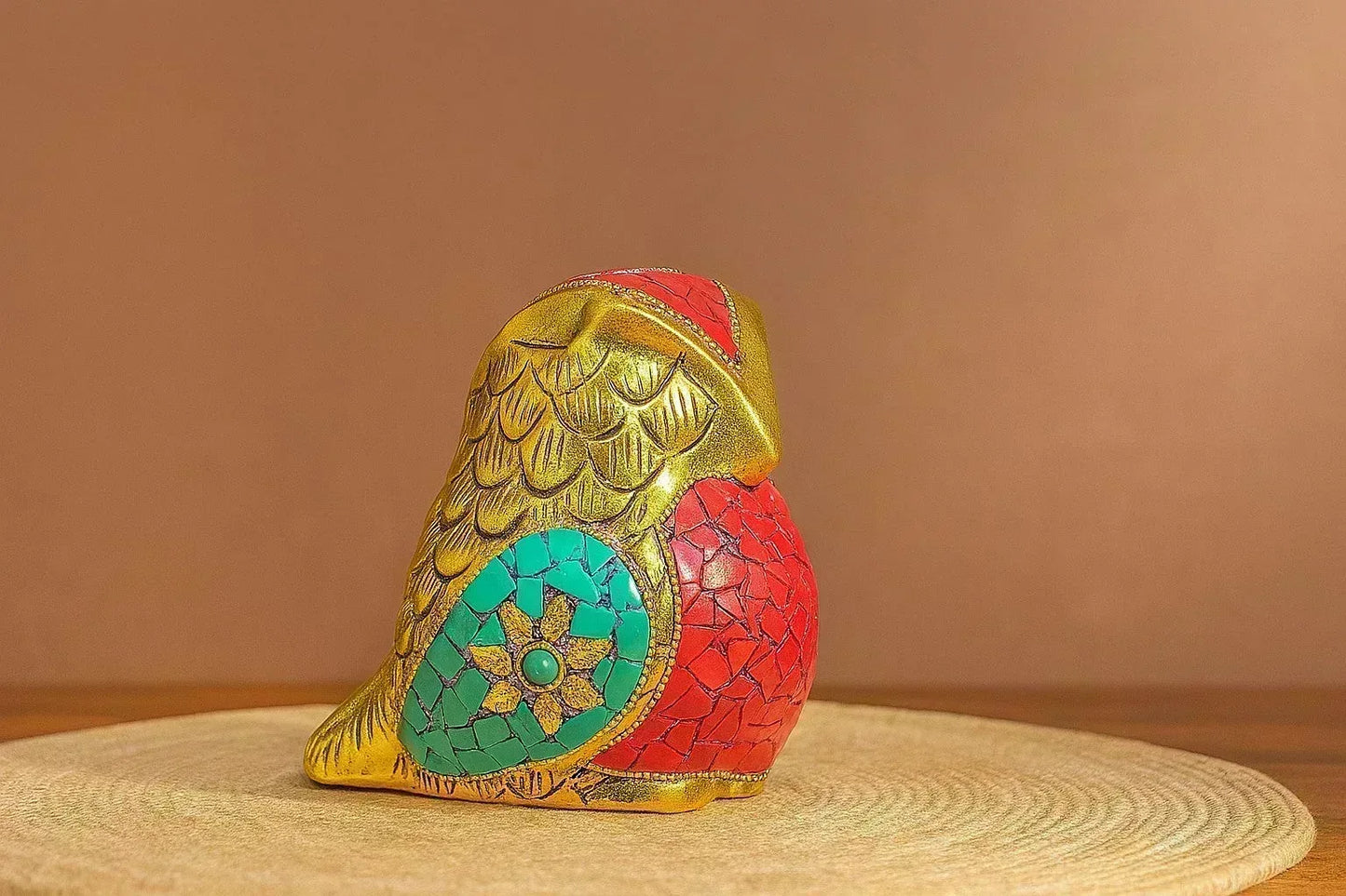 Handcrafted Metal Owl Figurine with Mosaic Stone Art - Decorative Brass Owl Statue for Home Decor - Wisdom Symbol Gift