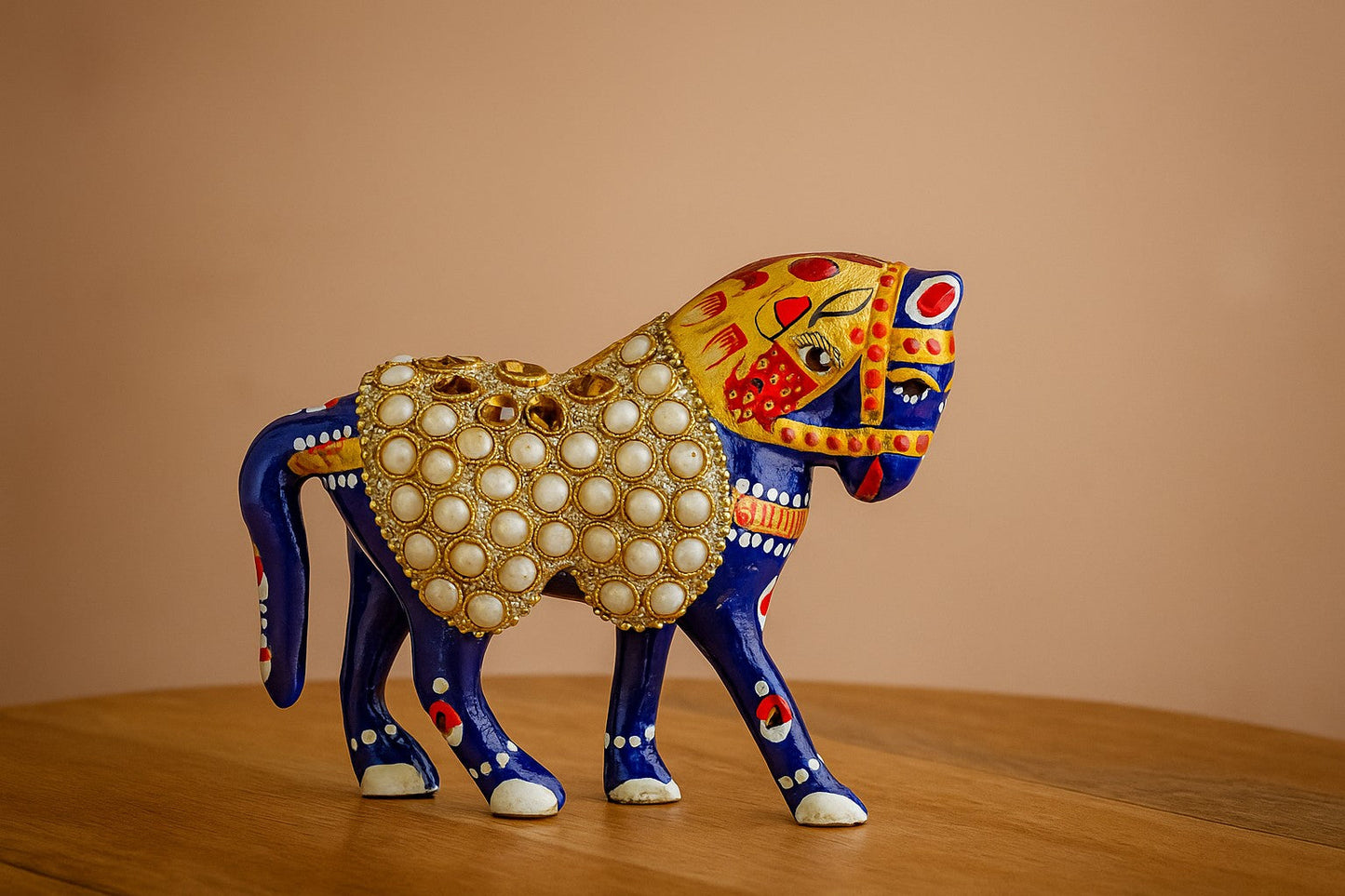 Handpainted Brass Horse Figurine with Pearl Inlay - Traditional Indian Art Statue - Royal Blue Decorative Horse Sculpture