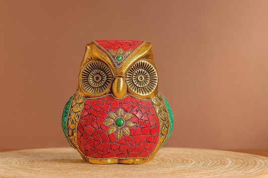 Handcrafted Metal Owl Figurine with Mosaic Stone Art - Decorative Brass Owl Statue for Home Decor - Wisdom Symbol Gift