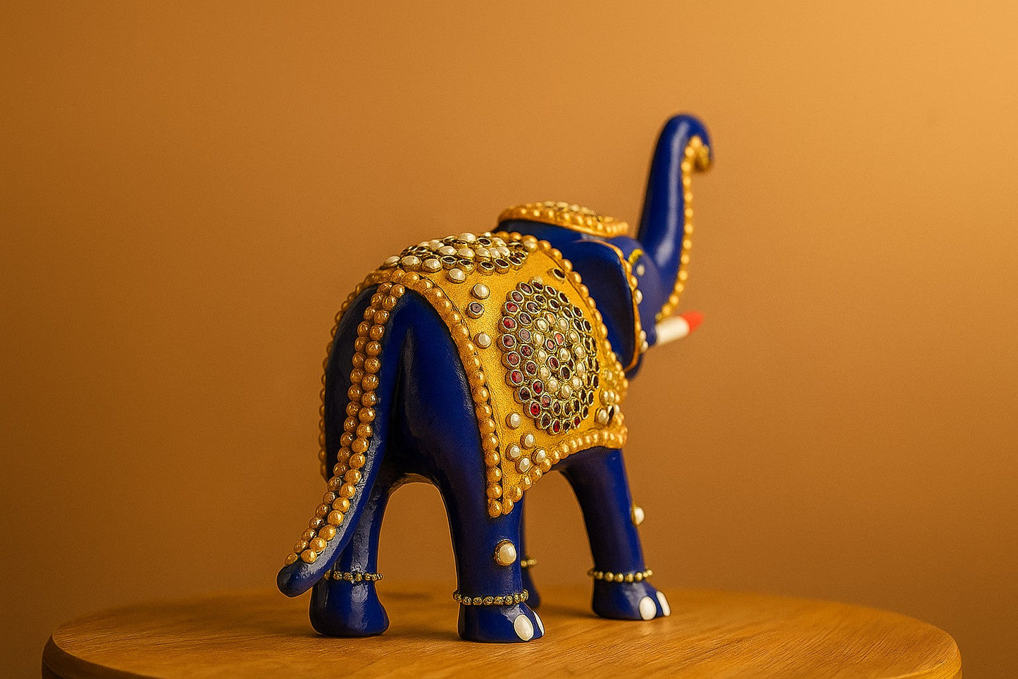 Handcrafted Brass Elephant Figurine with Gemstone Inlay - Traditional Indian Art Statue - Royal Blue Decorative Elephant Sculpture