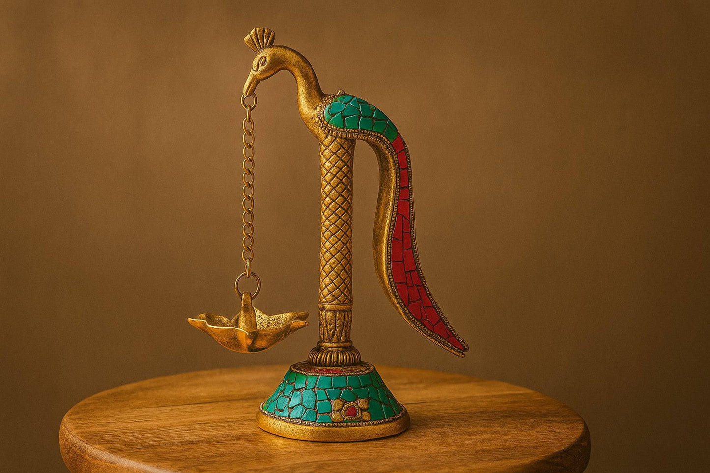 Handcrafted Brass Peacock Diya with Mosaic Stone Inlay - Traditional Indian Oil Lamp for Diwali & Home Decor - Artisan Metal Work with Turquoise Red Stones