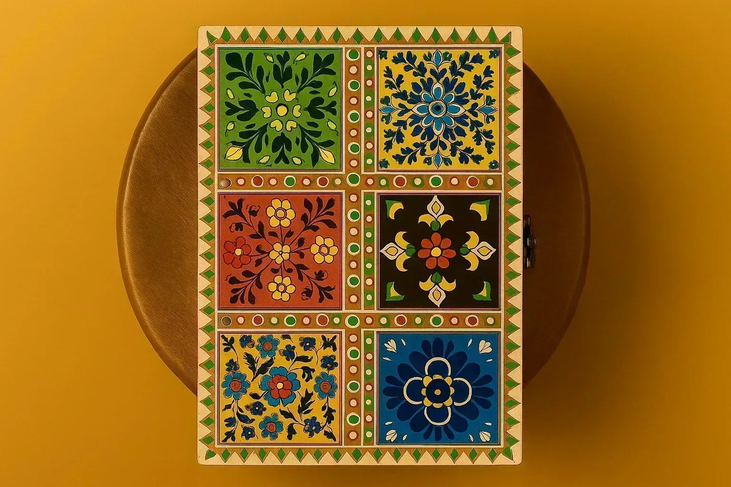 Hand-Painted Wooden Jewelry Box - Indian Folk Art & White Pigment Work