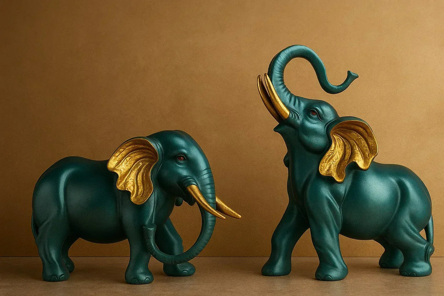 Premium Resin Elephant Pair - Green & Gold Leaf Showpiece Set (Trunk Up for Good Luck)