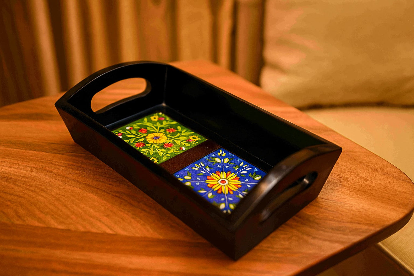 Handcrafted Wooden Serving Tray with Ceramic Tile Inlay - Jaipur Art Decor