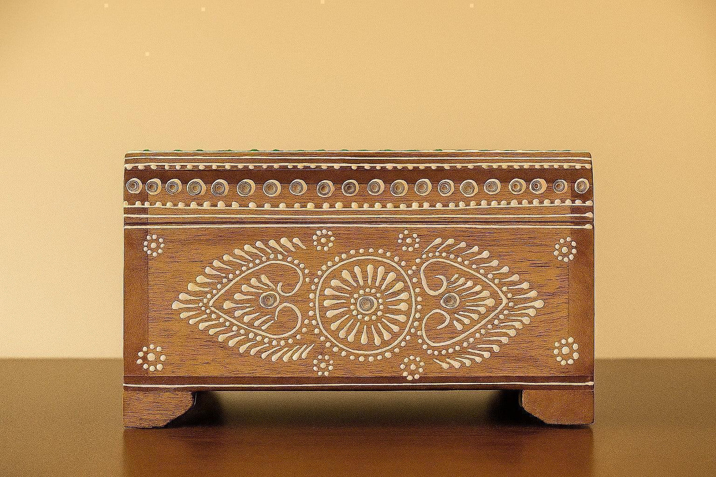 Hand-Painted Wooden Jewelry Box - Indian Folk Art & White Pigment Work