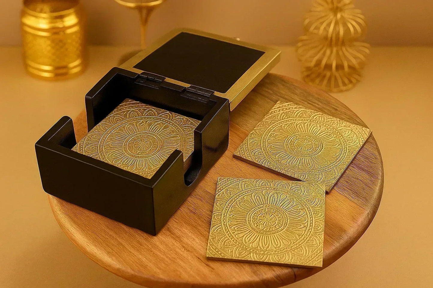 Handcrafted Brass Embossed Coaster Set - Indian Mandala Art - Wooden Tea Coasters with Holder