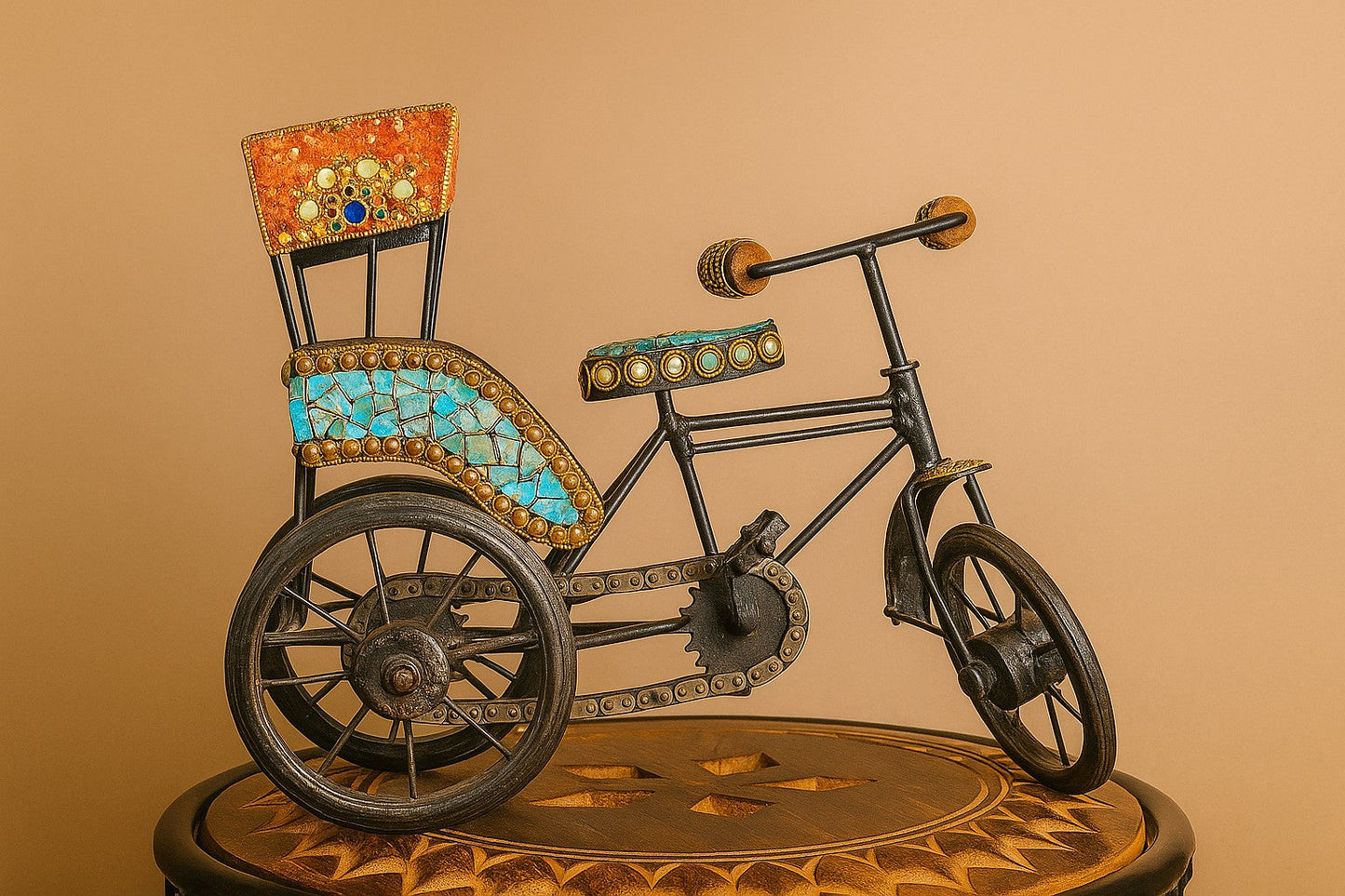 Handcrafted Metal Rickshaw Figurine – Indian Mosaic Art Decorative Showpiece | Traditional Cultural Decor