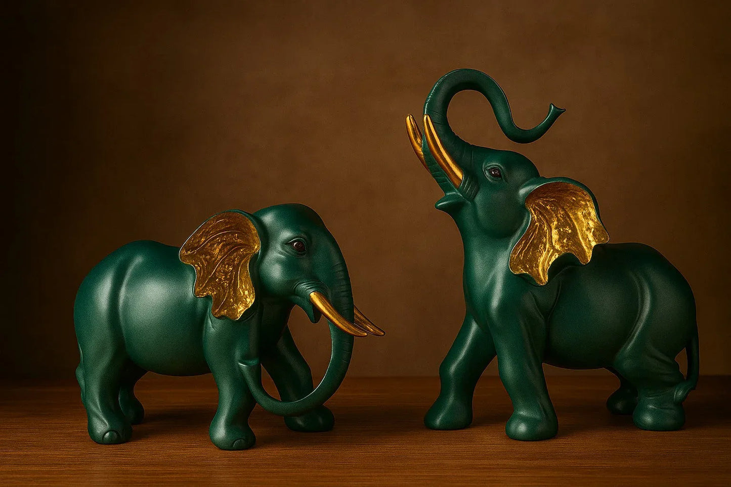 Premium Resin Elephant Pair - Green & Gold Leaf Showpiece Set (Trunk Up for Good Luck)