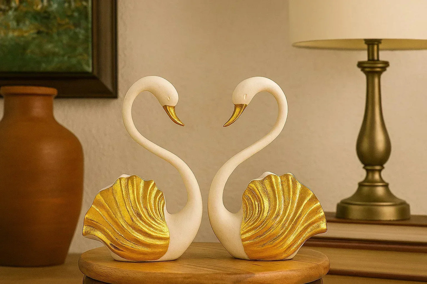 Loving Swans Pair Showpiece - Resin Heart-Shape Figurines for Home Decor