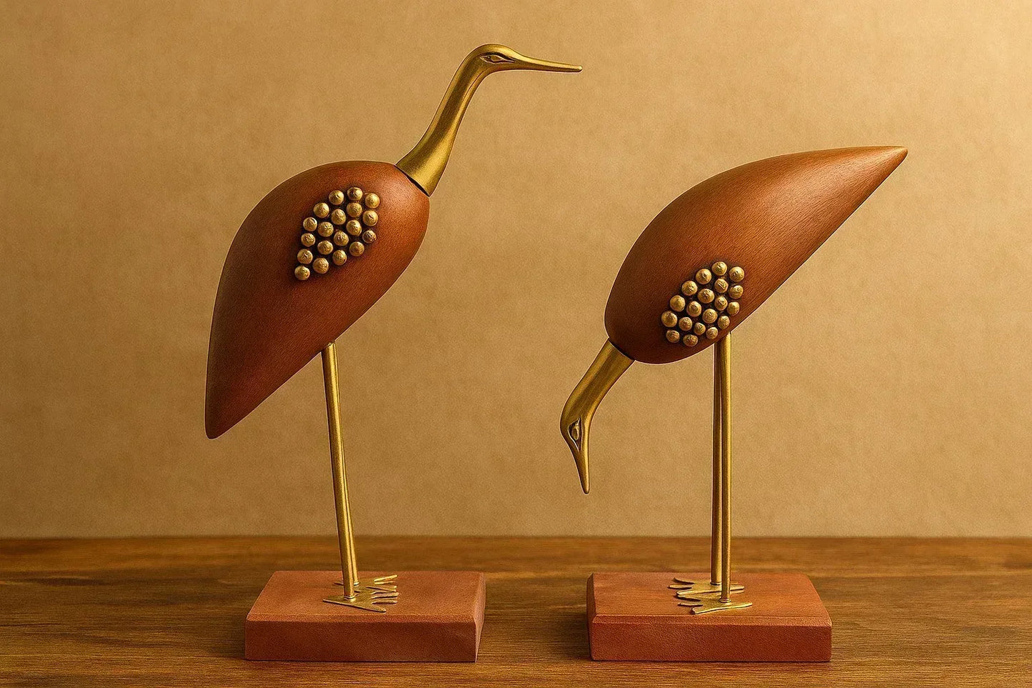 Handcrafted Wooden Bird Showpiece Set with Brass Accents - Mid-Century Modern Decor (Set of 2)