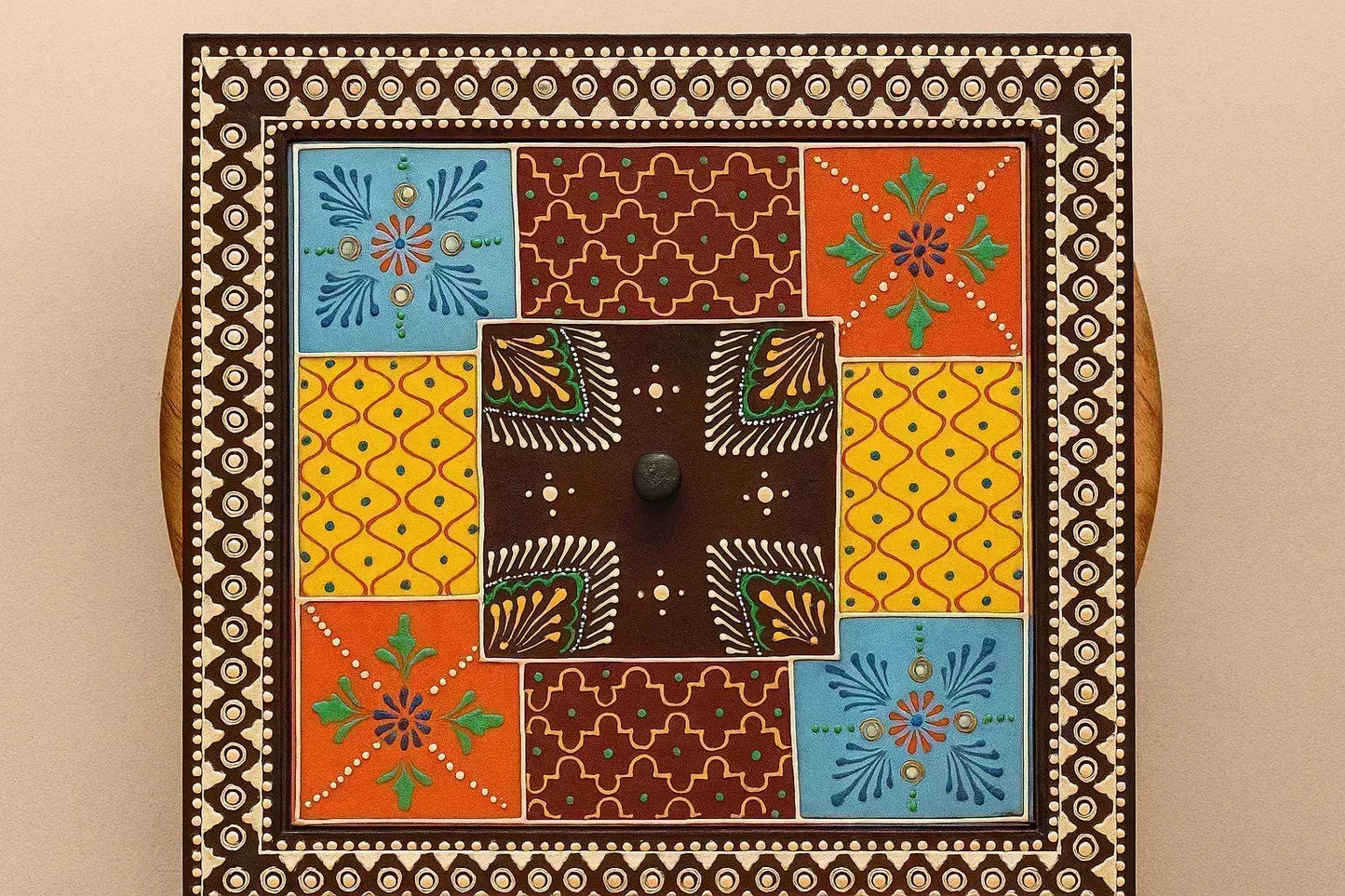 Handpainted Wooden Spice Box - 4-Compartment Masala & Dry Fruit Box with Rajasthani Folk Art Lid