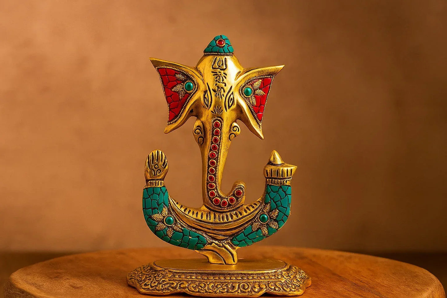 Brass Ganesha Idol with Turquoise & Coral Stone Inlay - Handcrafted Ganesh Murti Statue