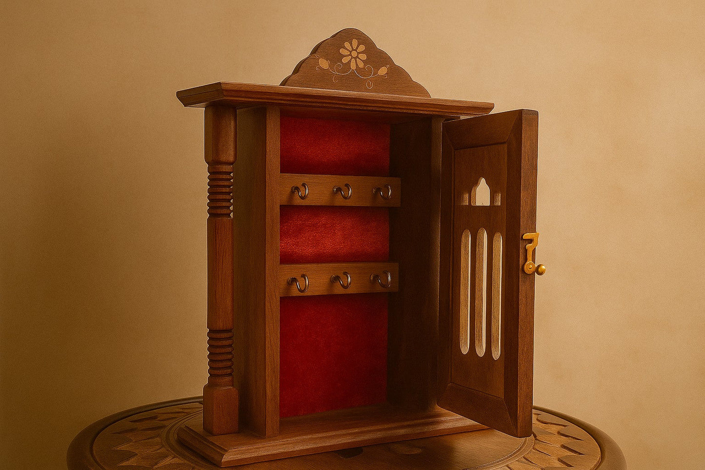Handcrafted Wooden Key Holder Cabinet – Indian Temple Design Wall Organizer with Glass Door | Traditional Home Decor