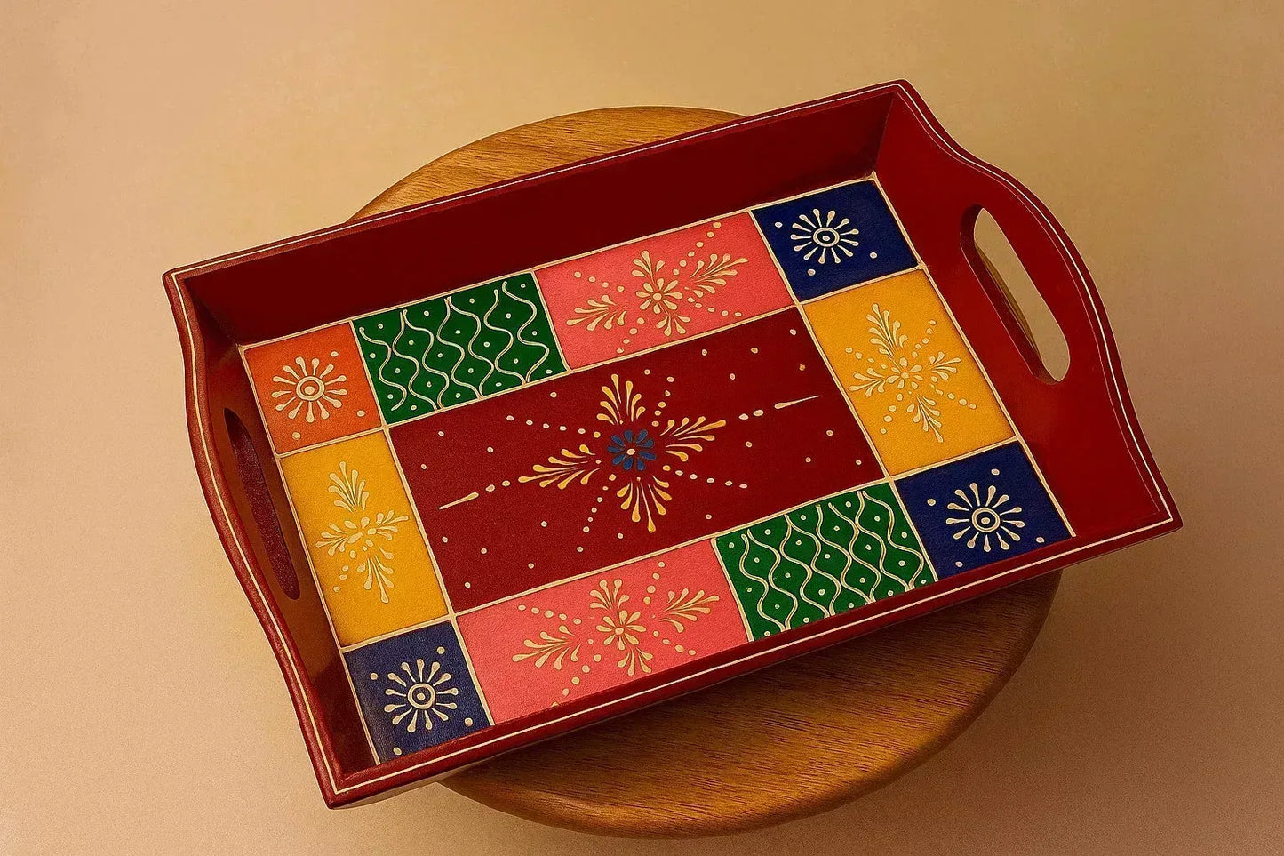 Handpainted Marwari Wooden Serving Tray - Traditional Indian Art Decorative Platter