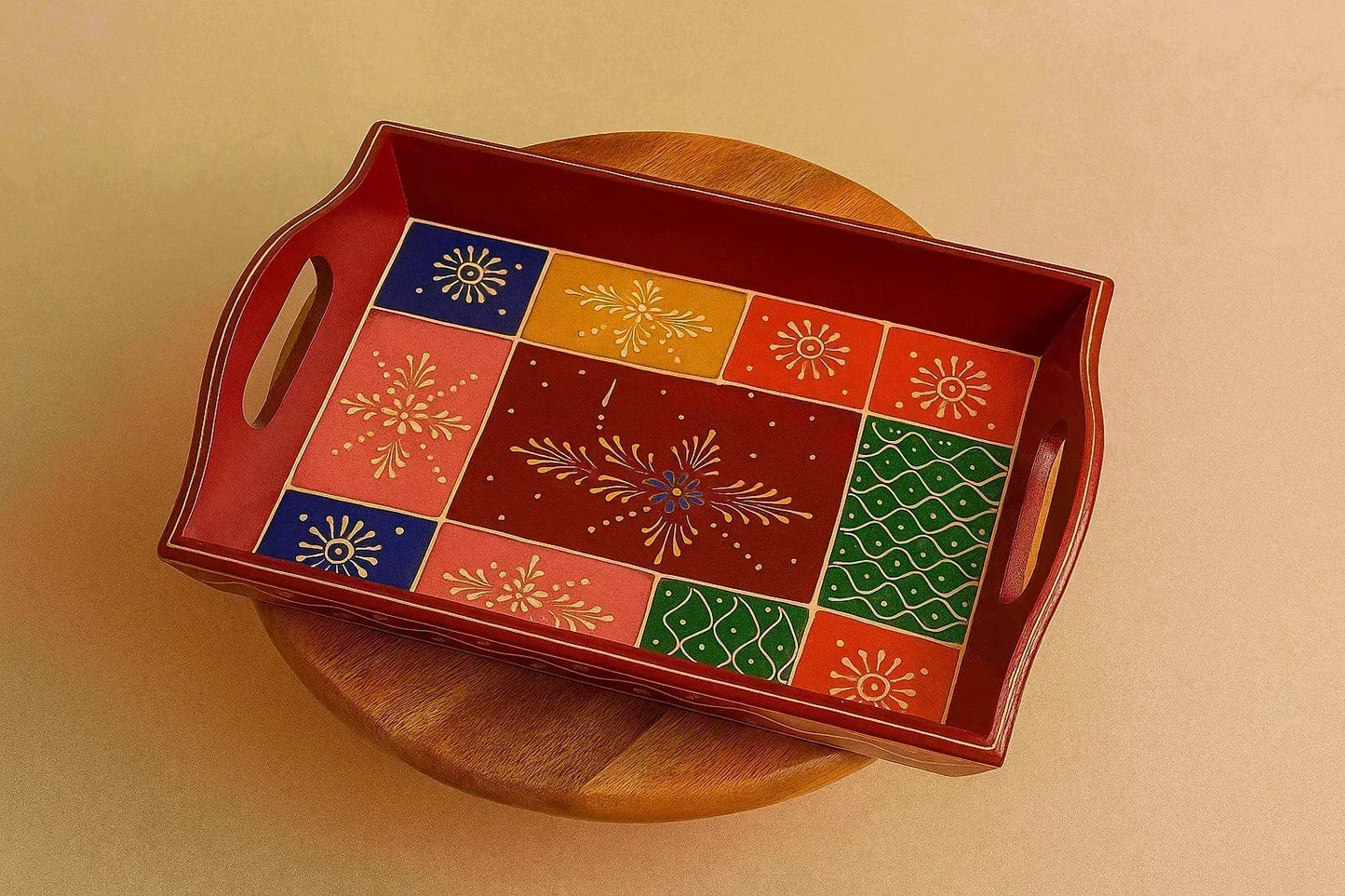 Handpainted Marwari Wooden Serving Tray - Traditional Indian Art Decorative Platter
