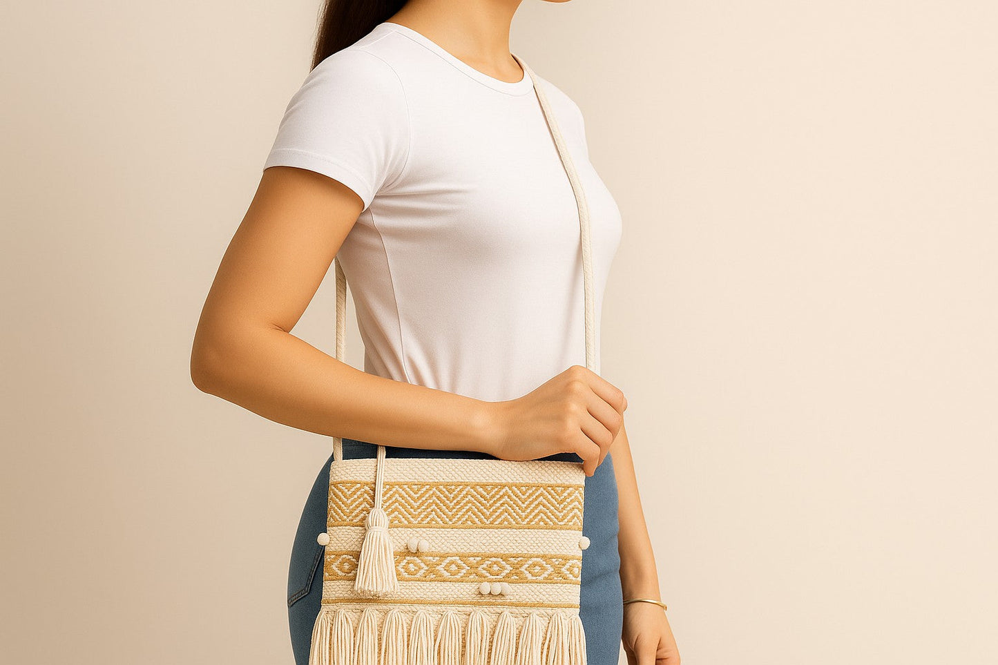 Handwoven Cotton Macrame Sling Bag with Tassels – Boho Fringe Crossbody for Women – Eco-Friendly Summer Travel Purse