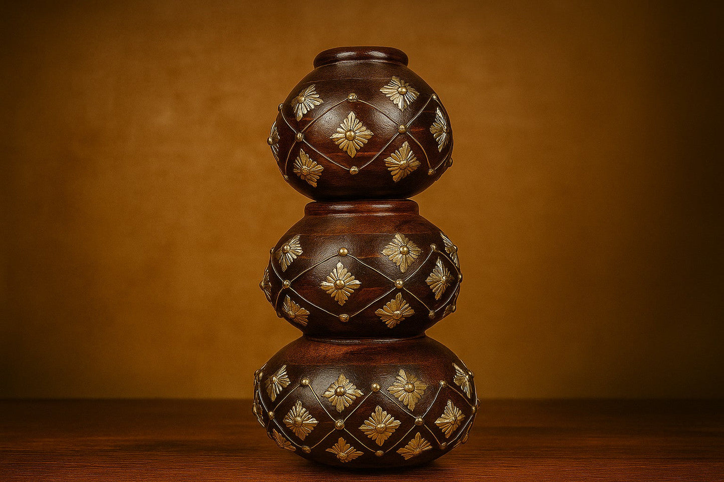 Handcrafted Wooden Stacked Matka Set - 3-Tier Pot Showpiece with Brass Work