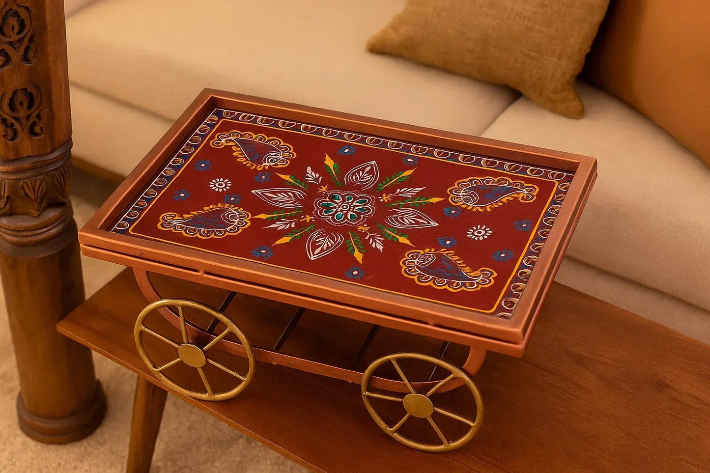 Hand-Painted Decorative Serving Cart - Rajasthani Folk Art Platter on Wheels