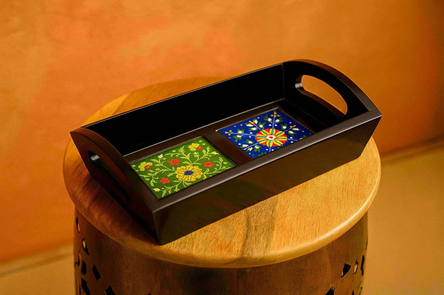 Handcrafted Wooden Serving Tray with Ceramic Tile Inlay - Jaipur Art Decor