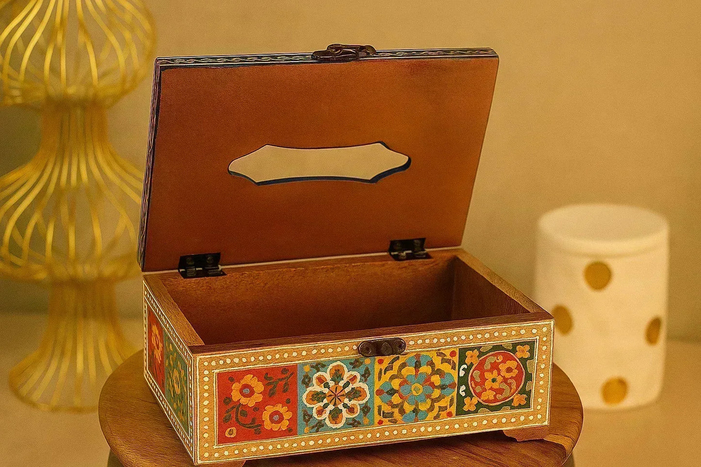 Handpainted Wooden Tissue Box Holder - Blue Pottery Inspired Indian Art Decor
