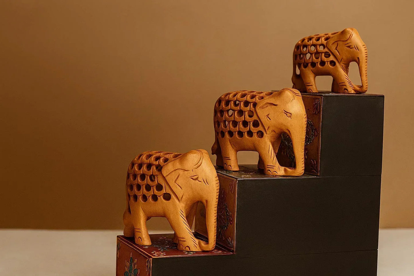 Handcarved Wooden Elephant Set - "Mother & Baby" Nested Design - Indian Artisan Home Decor