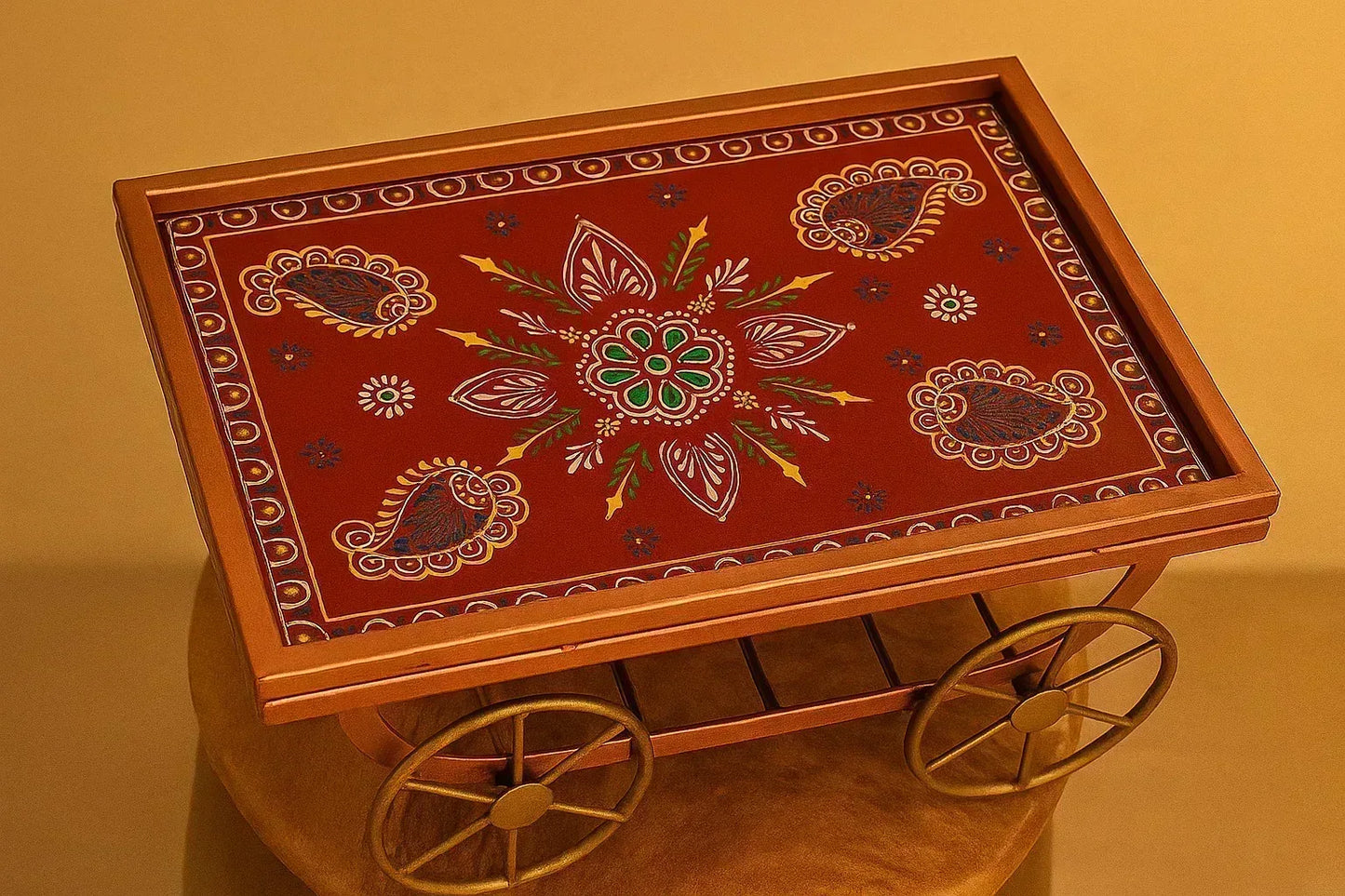 Hand-Painted Decorative Serving Cart - Rajasthani Folk Art Platter on Wheels