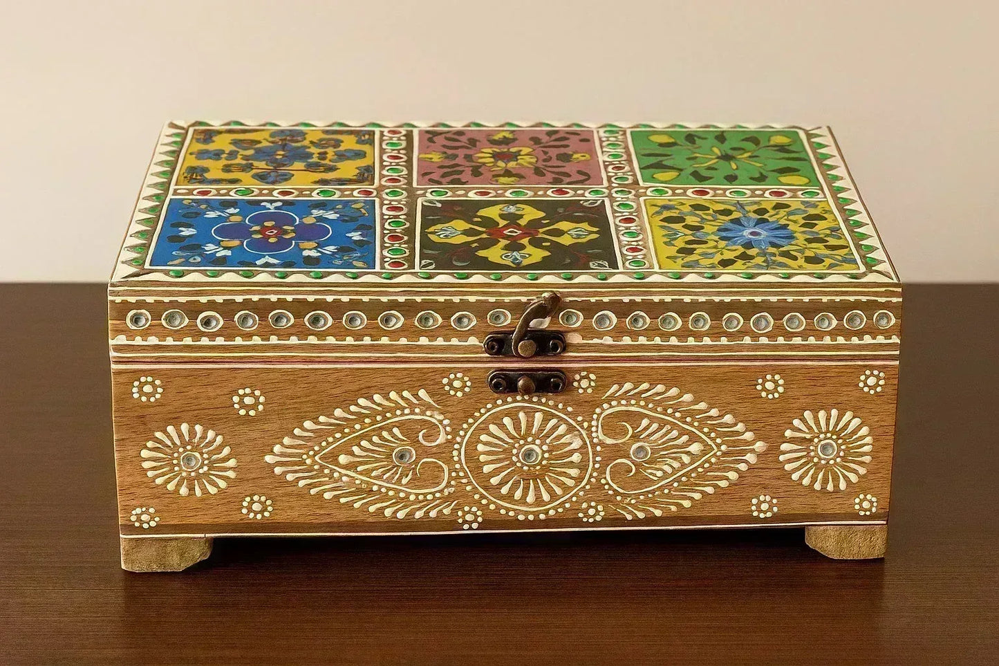 Hand-Painted Wooden Jewelry Box - Indian Folk Art & White Pigment Work