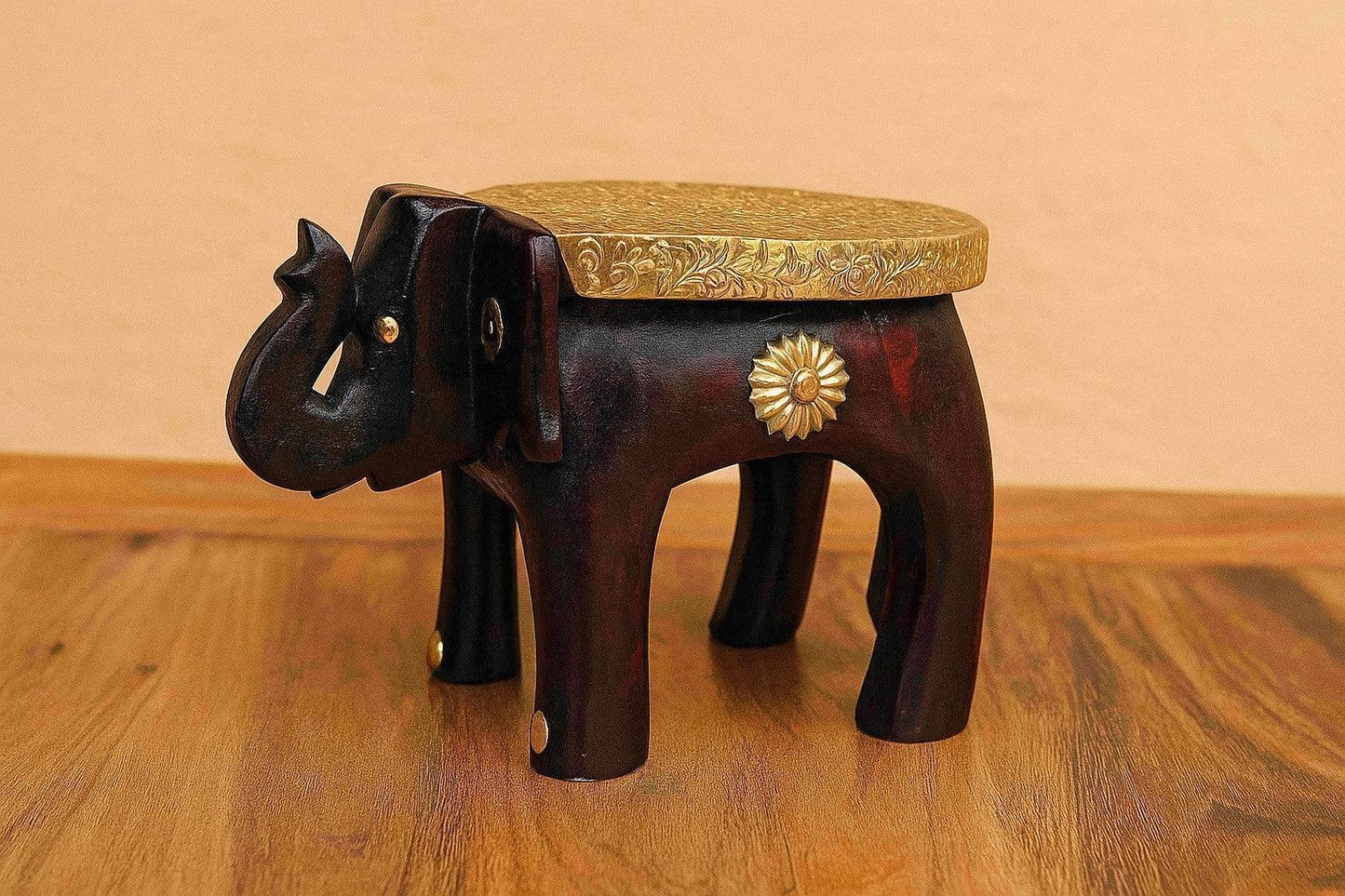 Handcarved Wooden Elephant Stool with Brass Embossed Top - Decorative Stand