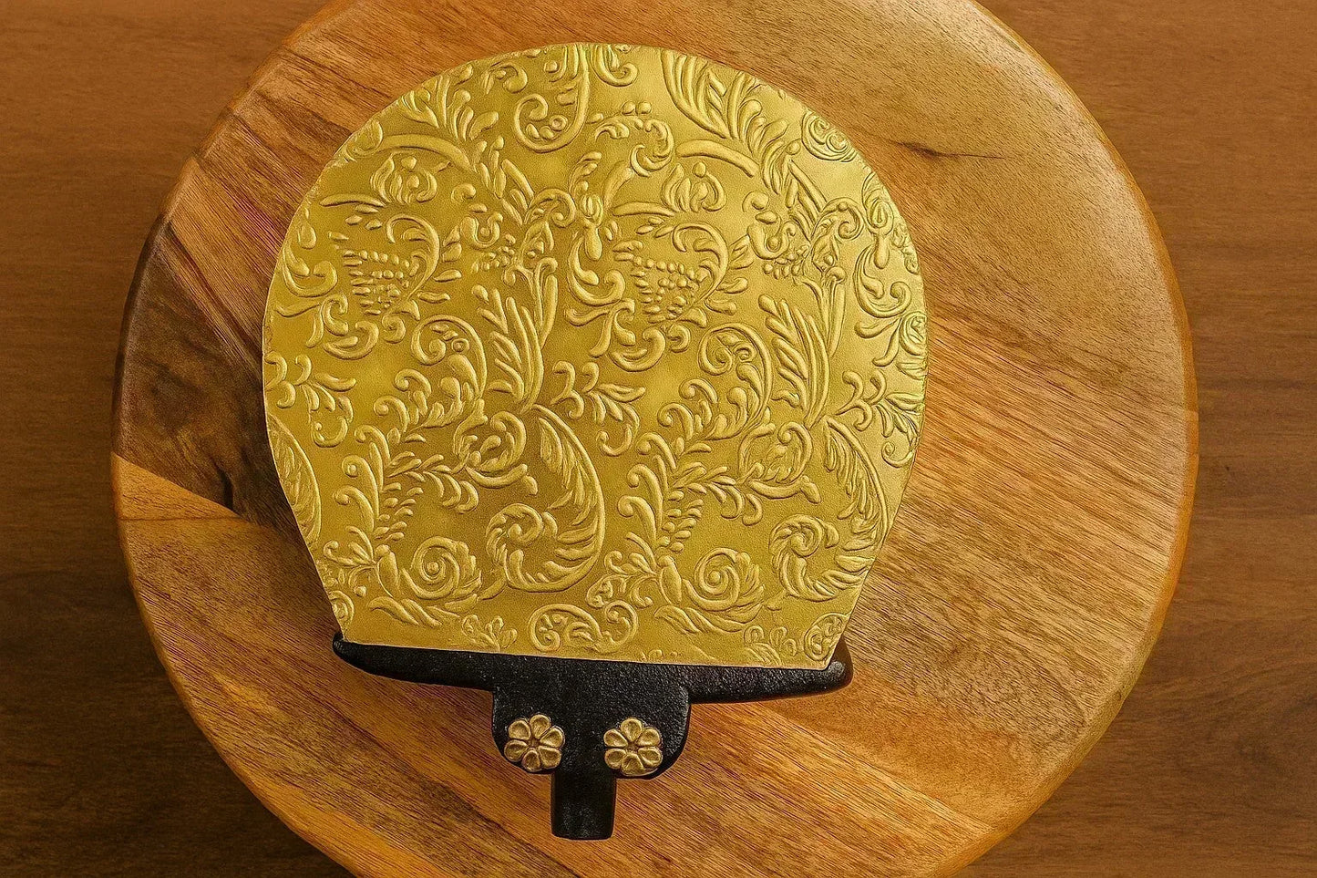 Handcarved Wooden Elephant Stool with Brass Embossed Top - Decorative Stand