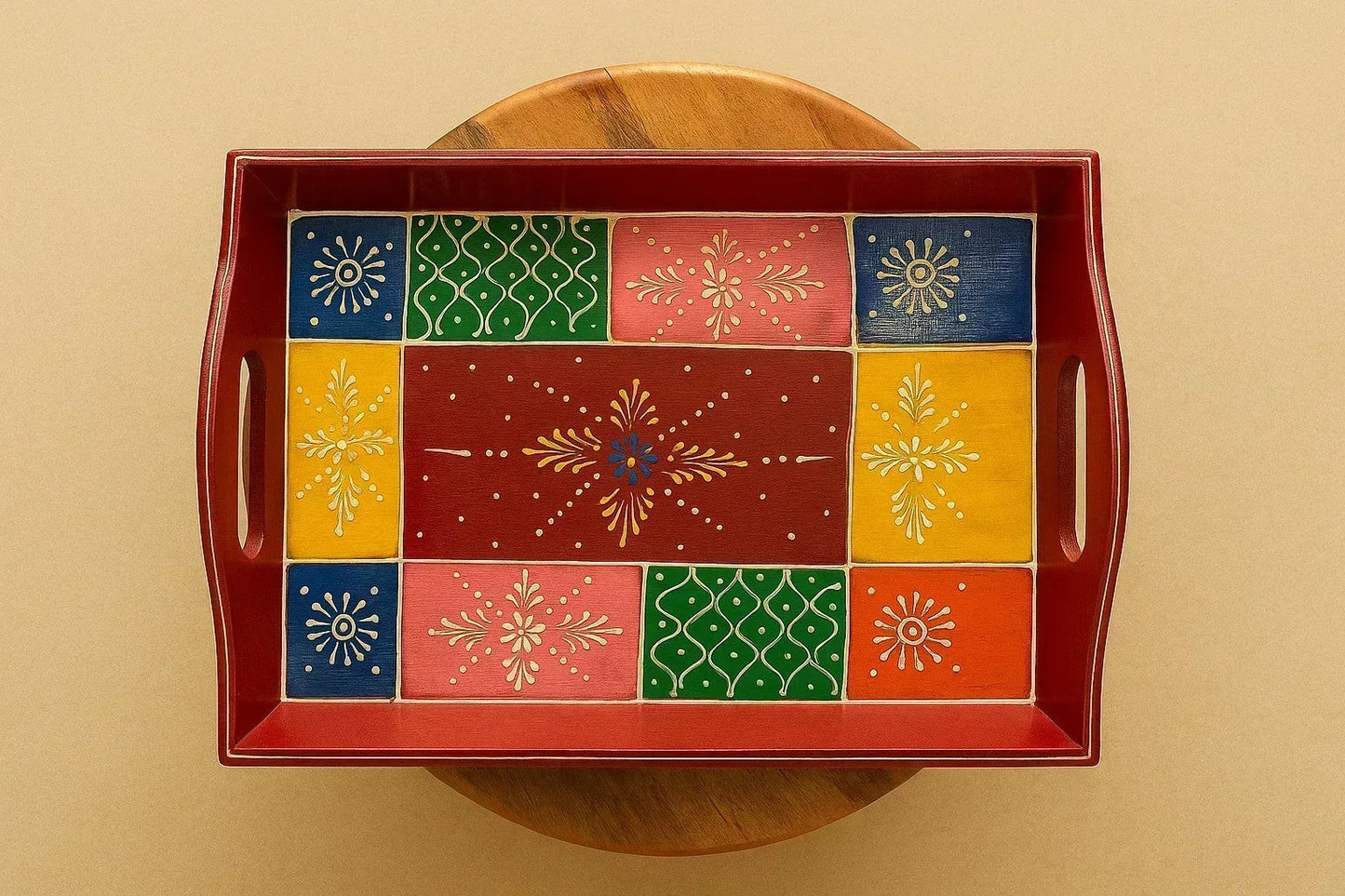 Handpainted Marwari Wooden Serving Tray - Traditional Indian Art Decorative Platter
