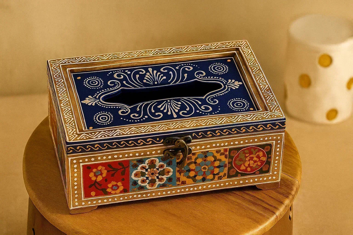 Handpainted Wooden Tissue Box Holder - Blue Pottery Inspired Indian Art Decor