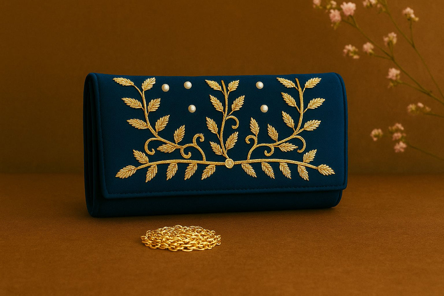 Handcrafted Velvet Envelope Clutch with Zari Embroidery - Golden Vine Party Bag