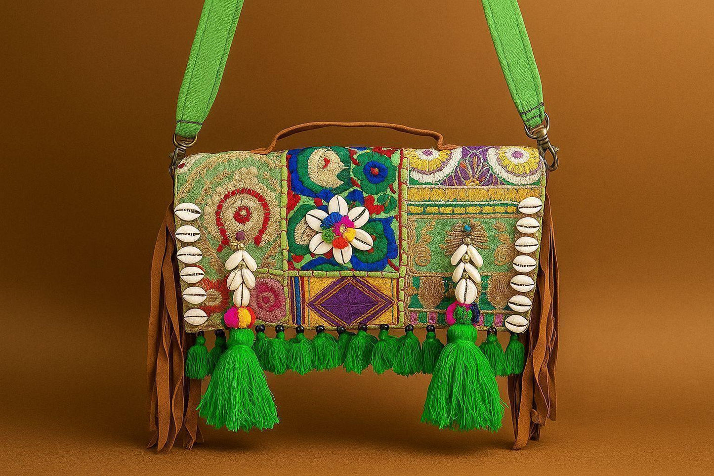 Handcrafted Banjara Patchwork Sling Bag - Boho Gypsy Crossbody with Cowrie Shells & Fringes