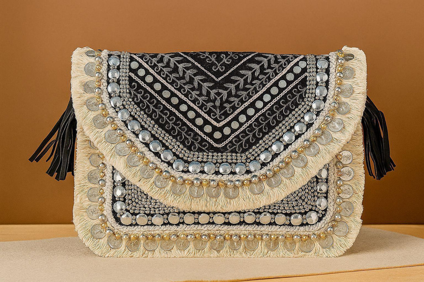 Handcrafted Boho Beaded Clutch & Sling Bag - Tribal Coins, Shells & Evil Eye Design