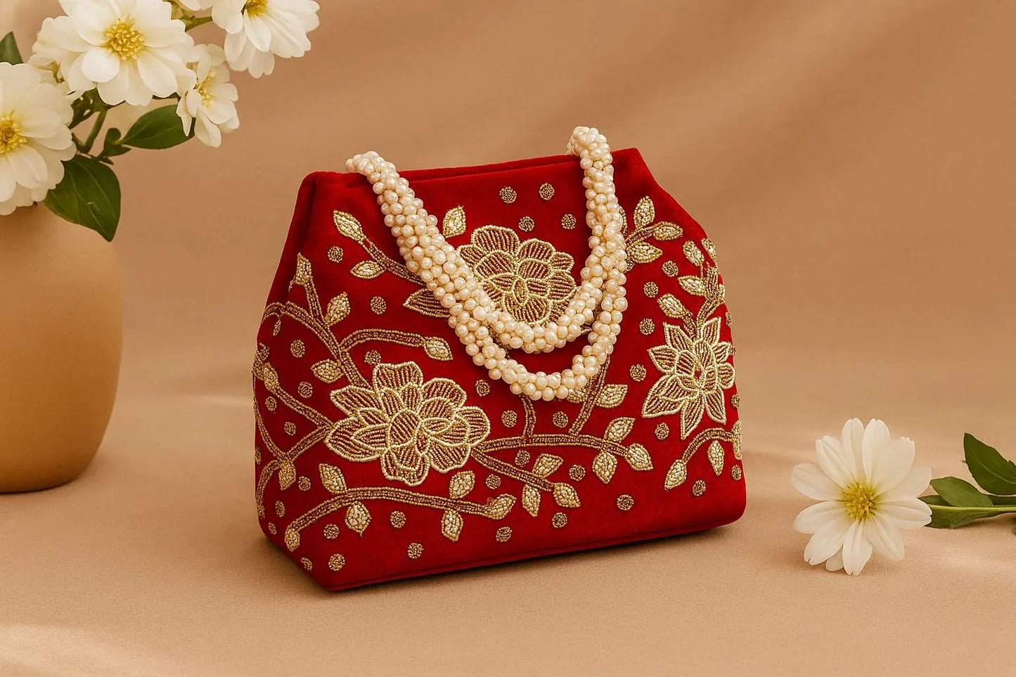 Handcrafted Velvet Mini Tote with Pearl Handle - 'Royal Garden' Floral Zari Handbag