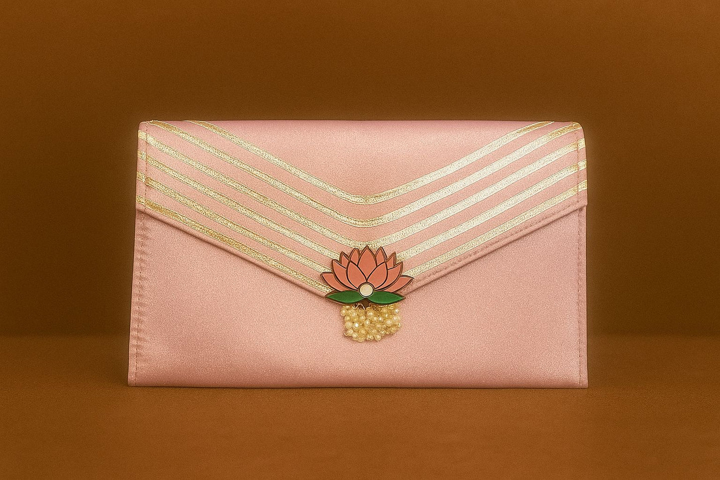 Handcrafted Satin Envelope Clutch with Lotus Motif - Festive Gota Work Bag