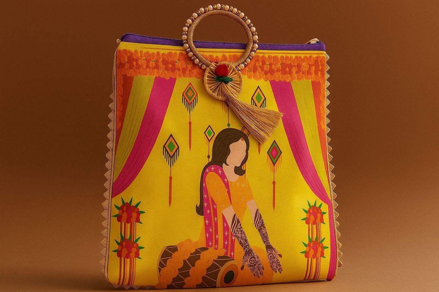 Digital Print Ethnic Handbag with Ring Handle - 'Dholak Sangeet' Illustration
