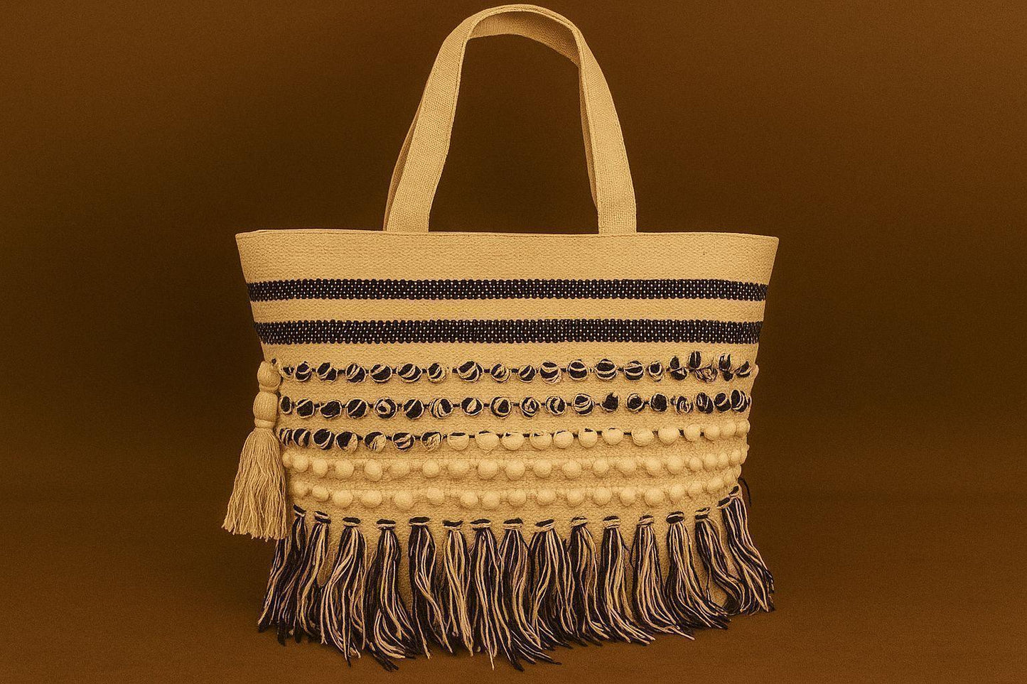 Handcrafted Multi-Textured Boho Tote - Woven Shoulder Bag with Fringes & Popcorn Details
