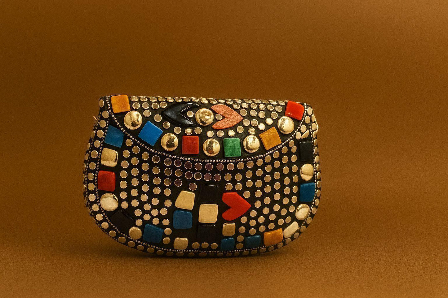 Handcrafted Mosaic Stone & Metal Studded Clutch - Geometric Evening Sling Bag