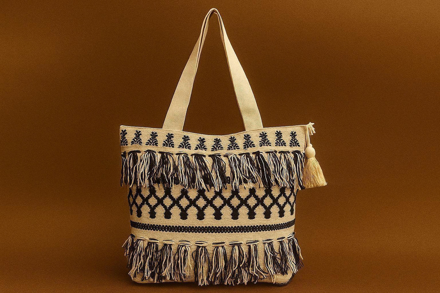 Handcrafted Boho Diamond Tote Bag - Woven Jacquard Shoulder Bag with Double Fringes
