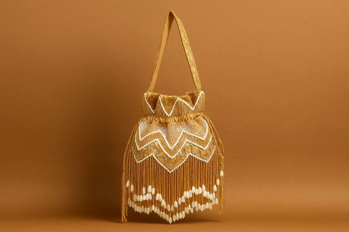 Handcrafted Beaded Fringe Potli Bag - Retro-Glam 'Gatsby' Style Evening Bucket Bag