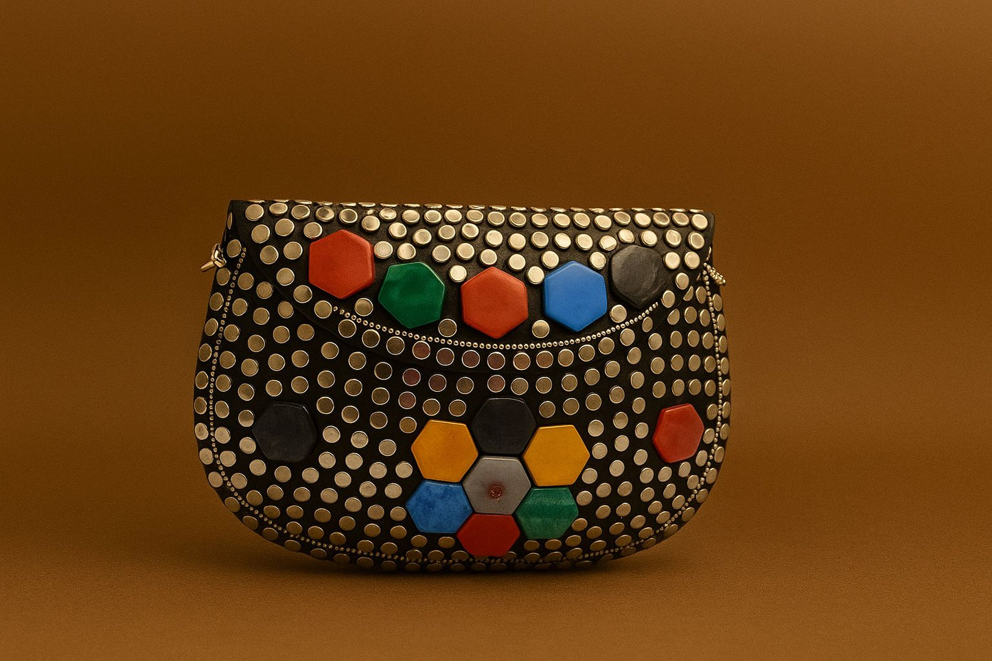 Handcrafted Mosaic Stone & Metal Studded Clutch - Geometric Evening Sling Bag