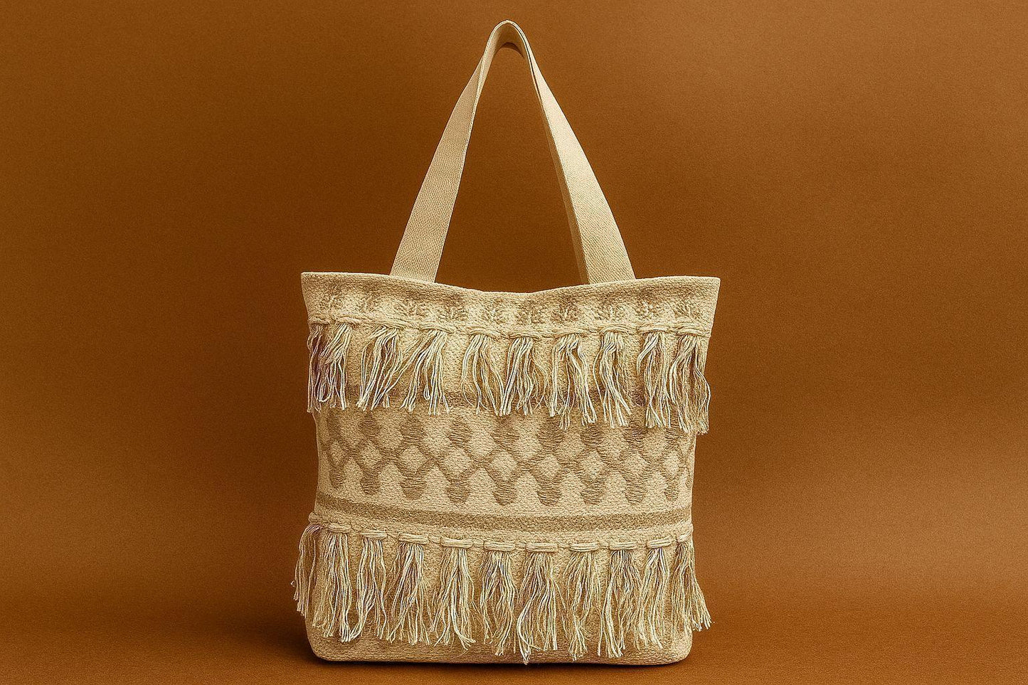 Handcrafted Boho Diamond Tote Bag - Woven Jacquard Shoulder Bag with Double Fringes