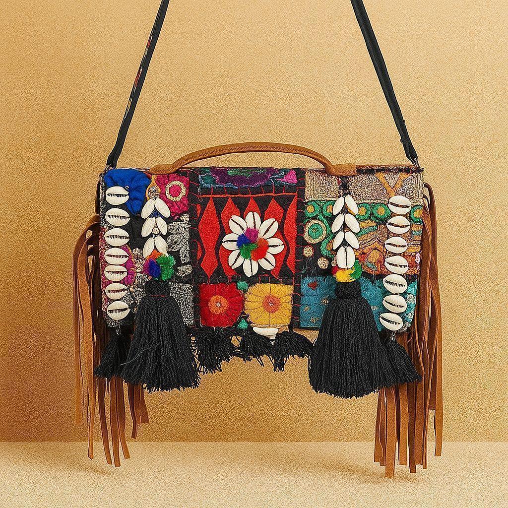 Handcrafted Banjara Patchwork Sling Bag - Boho Gypsy Crossbody with Cowrie Shells & Fringes