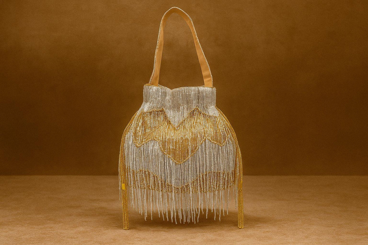 Handcrafted Beaded Fringe Potli Bag - Retro-Glam 'Gatsby' Style Evening Bucket Bag