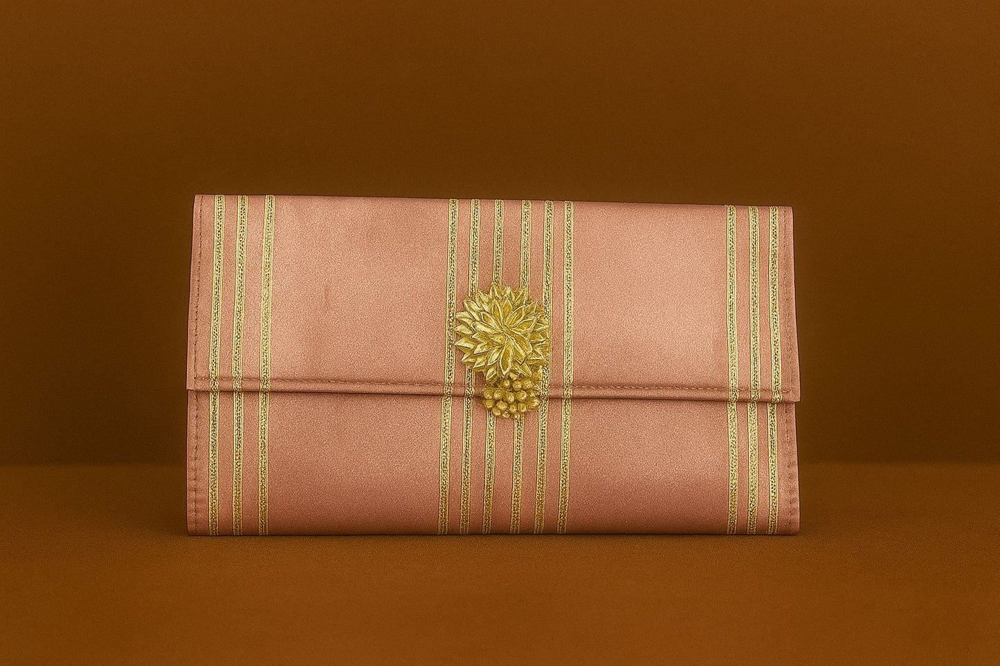 Handcrafted Satin Envelope Clutch with Gold Floral Brooch - Royal Festive Evening Bag