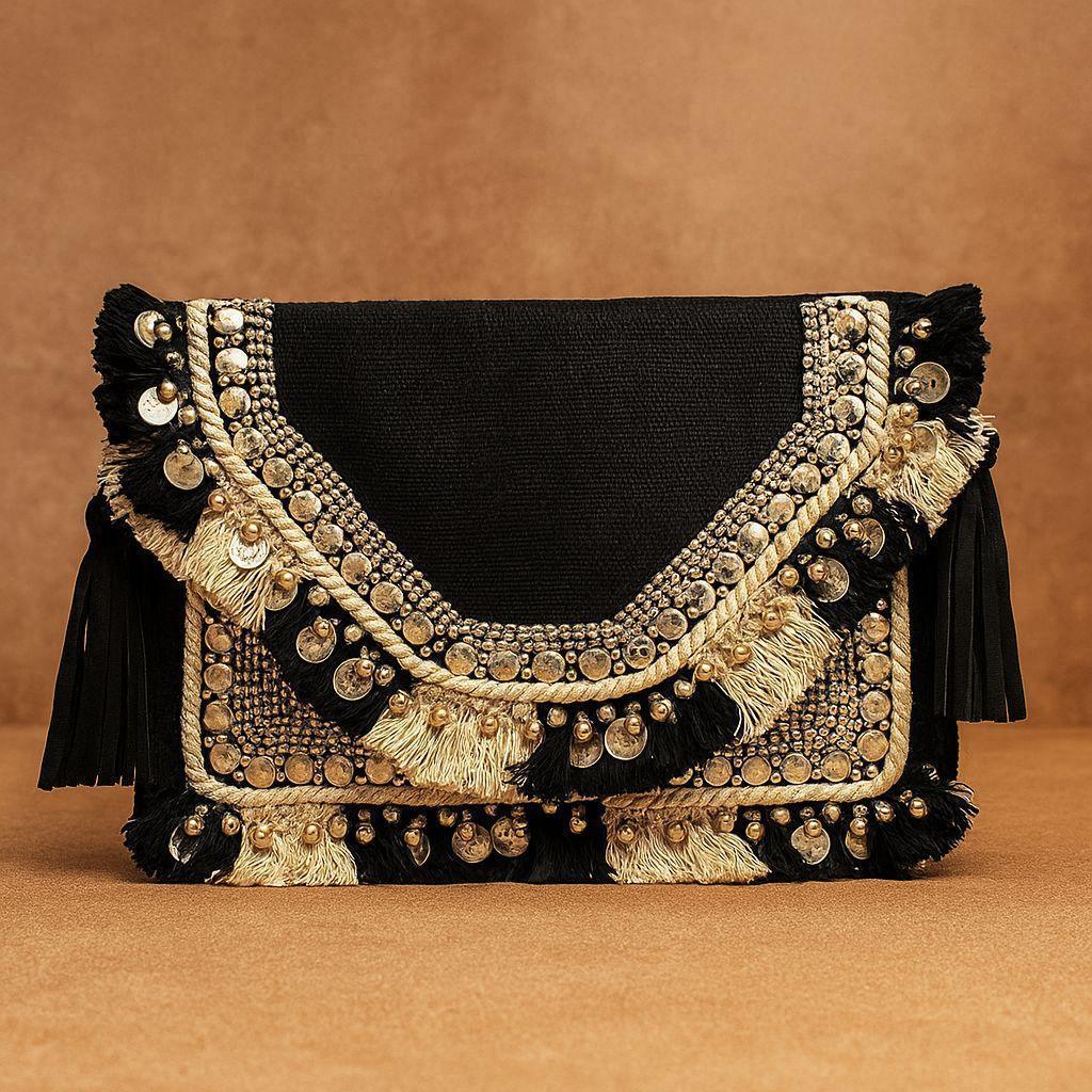 Handcrafted Boho Beaded Clutch & Sling Bag - Tribal Coins, Shells & Evil Eye Design