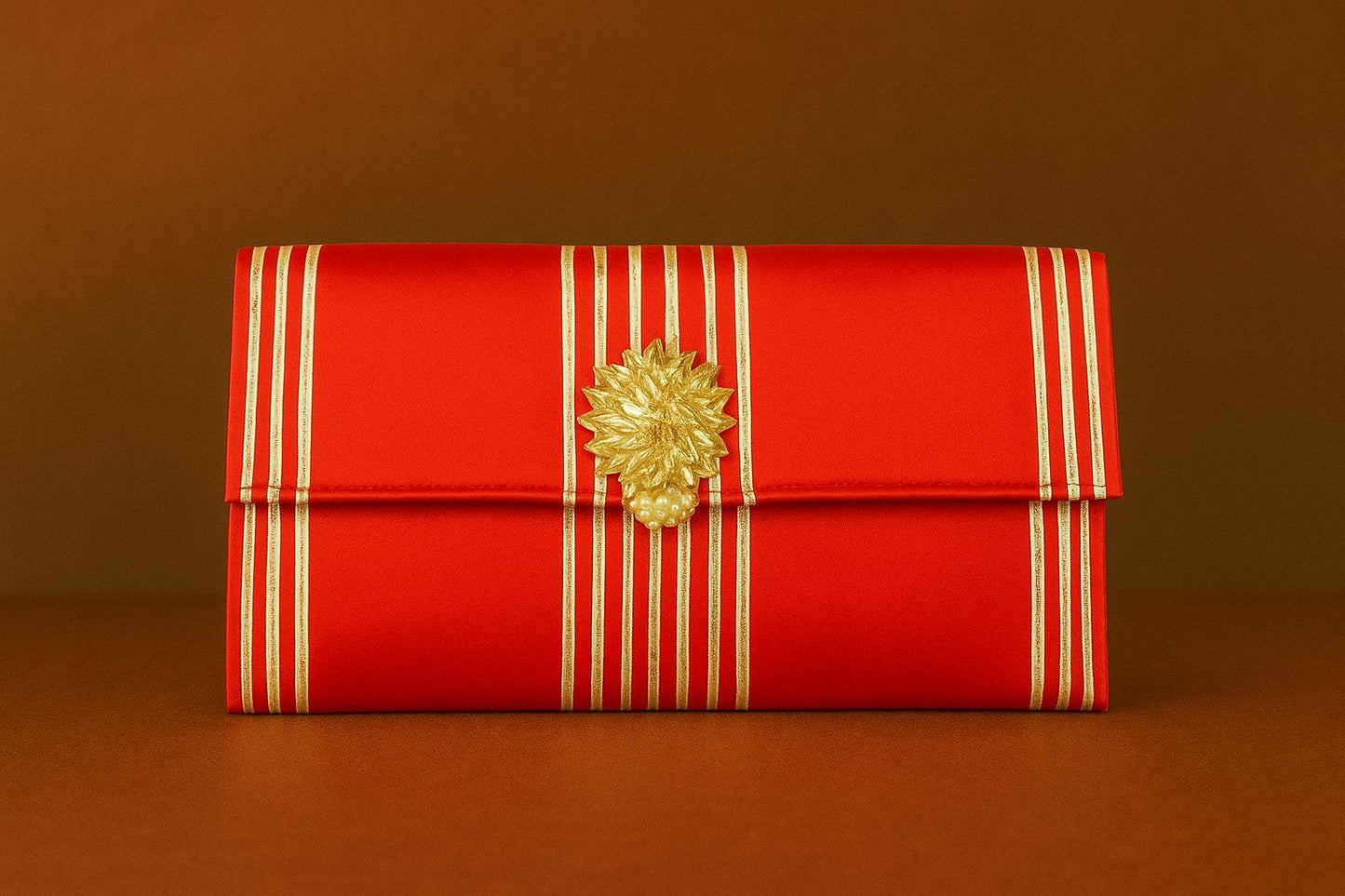 Handcrafted Satin Envelope Clutch with Gold Floral Brooch - Royal Festive Evening Bag